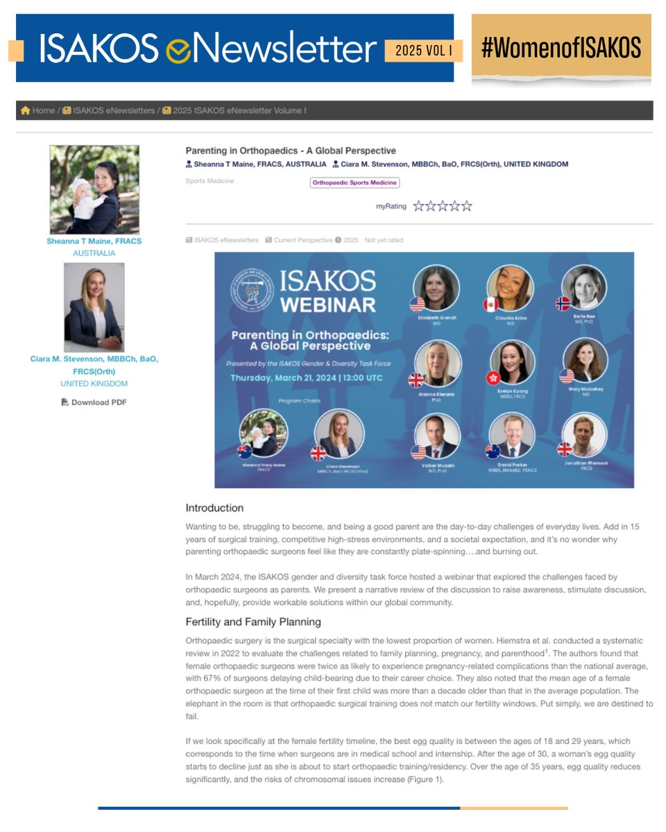 ISAKOS's tweet image. ➡️ Check out the latest Gender &amp;amp; Diversity Task Force article in the #ISAKOSeNewsletter: Parenting in Orthopaedics - A Global Perspective from Drs. Sheanna Maine, FRACS 🇦🇺 &amp;amp; @stevensonciara, MBBCh, BaO, FRCS(Orth) 🇬🇧 #WomenofISAKOS 

📖 Read: isakos.com/GlobalLink/eNe…