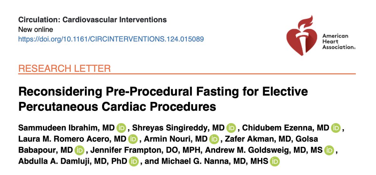 Reconsidering Pre-Procedural Fasting for Elective Percutaneous Cardiac Procedures: <a href="/CircIntv/">CircInterventions</a> 

🥸 Work led by my friend and colleague <a href="/MichaelGNanna/">Michael Nanna</a> 

😱 Thanks to <a href="/CircIntv/">CircInterventions</a>'s Editors and Reviewers for this opportunity 

🥸Summary 

👇👇👇