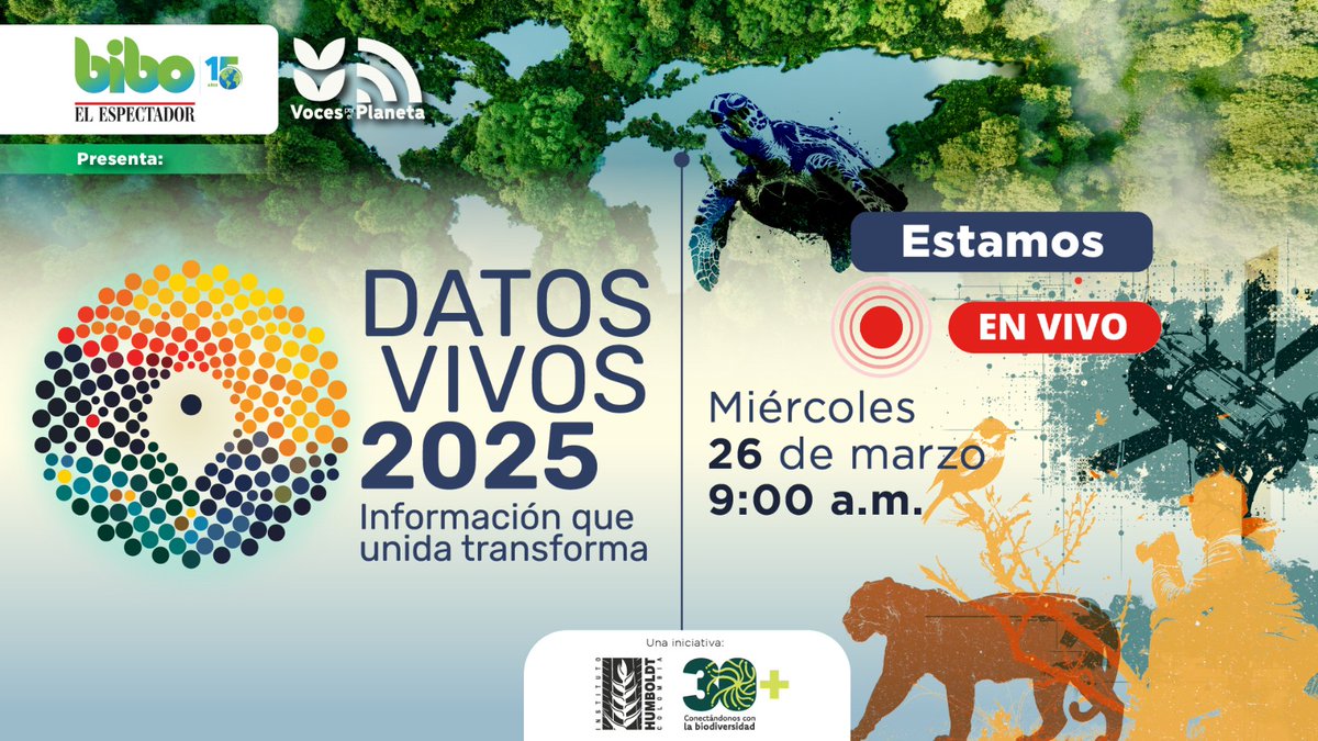 BIBOCol's tweet photo. 🔴 Iniciamos la transmisión de #DatosVivos2025, un encuentro histórico en el que, por primera vez, las 4 principales redes internacionales de datos sobre biodiversidad se unen para explorar el poder de los datos en la conservación. 🌿

Conéctate aquí 👉 https://t.co/3wxiMLMOVQ