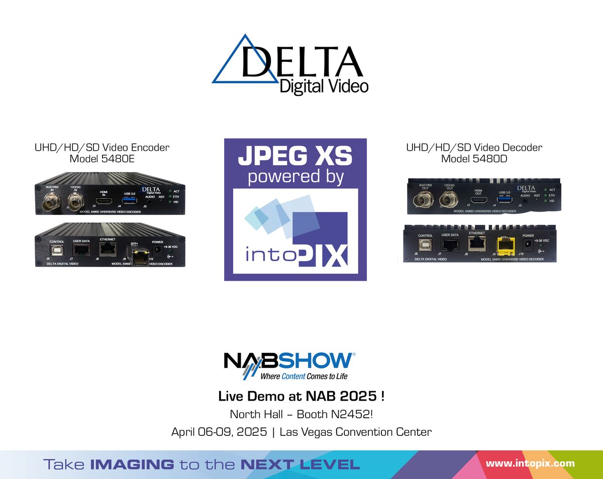 Ultra-low latency, high-quality IP video is here! Delta Digital Video integrates <a href="/intoPIX/">intoPIX</a> #JPEGXS into its 5480 Series Encoder &amp; Decoder. See it live at <a href="/NABShow/">NAB Show</a> 2025!

Read more zurl.co/LvR1j
Meet us at #NAB: Booth N2452 (North Hall): zurl.co/9LbPf
#Broadcast