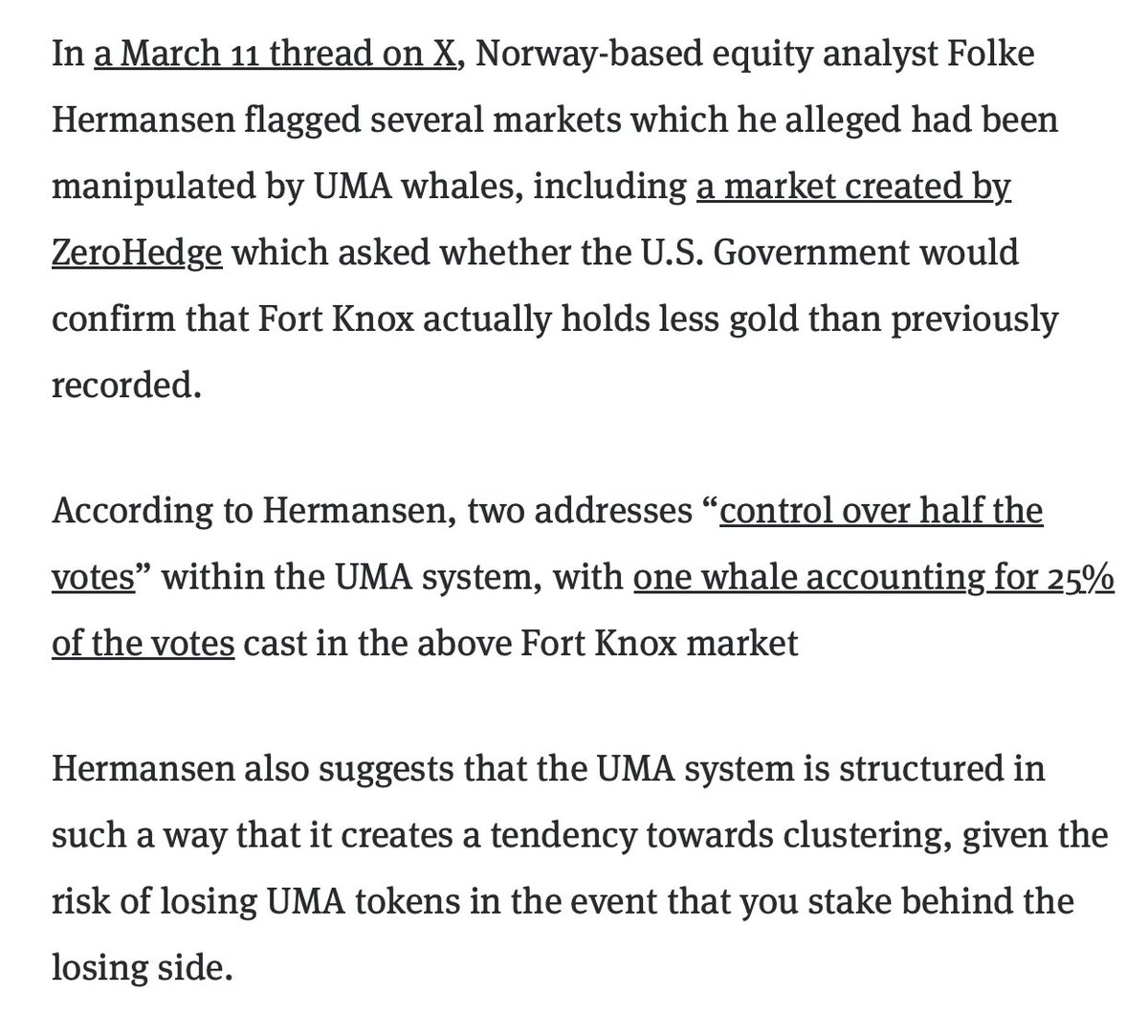hermansen_folke's tweet photo. Happy to have helped in bringing this to light. Now it's up to @Polymarket to divorce itself from UMA if it wants to survive. @foundersfund @VitalikButerin @paraficapital @1confirmation  

https://t.co/3eDvrI5RIv https://t.co/VSK71rfmBm