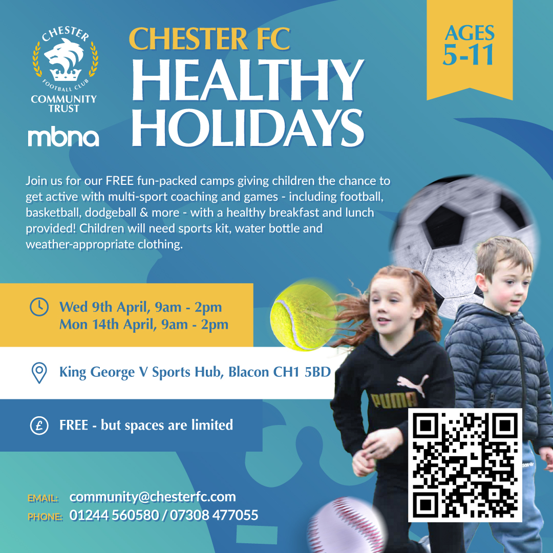 Chester FC Community Trust (@cfc_commtrust) on Twitter photo We're hosting two FREE fun-packed ๐๐ฒ๐ฎ๐น๐๐ต๐ ๐๐ผ๐น๐ถ๐ฑ๐ฎ๐๐ camps this Easter - with multi-sport sessions, lots of opportunities to get active, and breakfast and lunch provided! โฝ๐โน๏ธ๐พ๐ฅ๐ฅช๐
๐ Wednesday 9th April & Monday 14th April
โ 9am-2pm
๐ <a href="/KGVSportsHub/">King George V Community Sports Hub</a>
๐ค We're hosting two FREE fun-packed ๐๐ฒ๐ฎ๐น๐๐ต๐ ๐๐ผ๐น๐ถ๐ฑ๐ฎ๐๐ camps this Easter - with multi-sport sessions, lots of opportunities to get active, and breakfast and lunch provided! โฝ๐โน๏ธ๐พ๐ฅ๐ฅช๐
๐ Wednesday 9th April & Monday 14th April
โ 9am-2pm
๐ <a href="/KGVSportsHub/">King George V Community Sports Hub</a>
๐ค