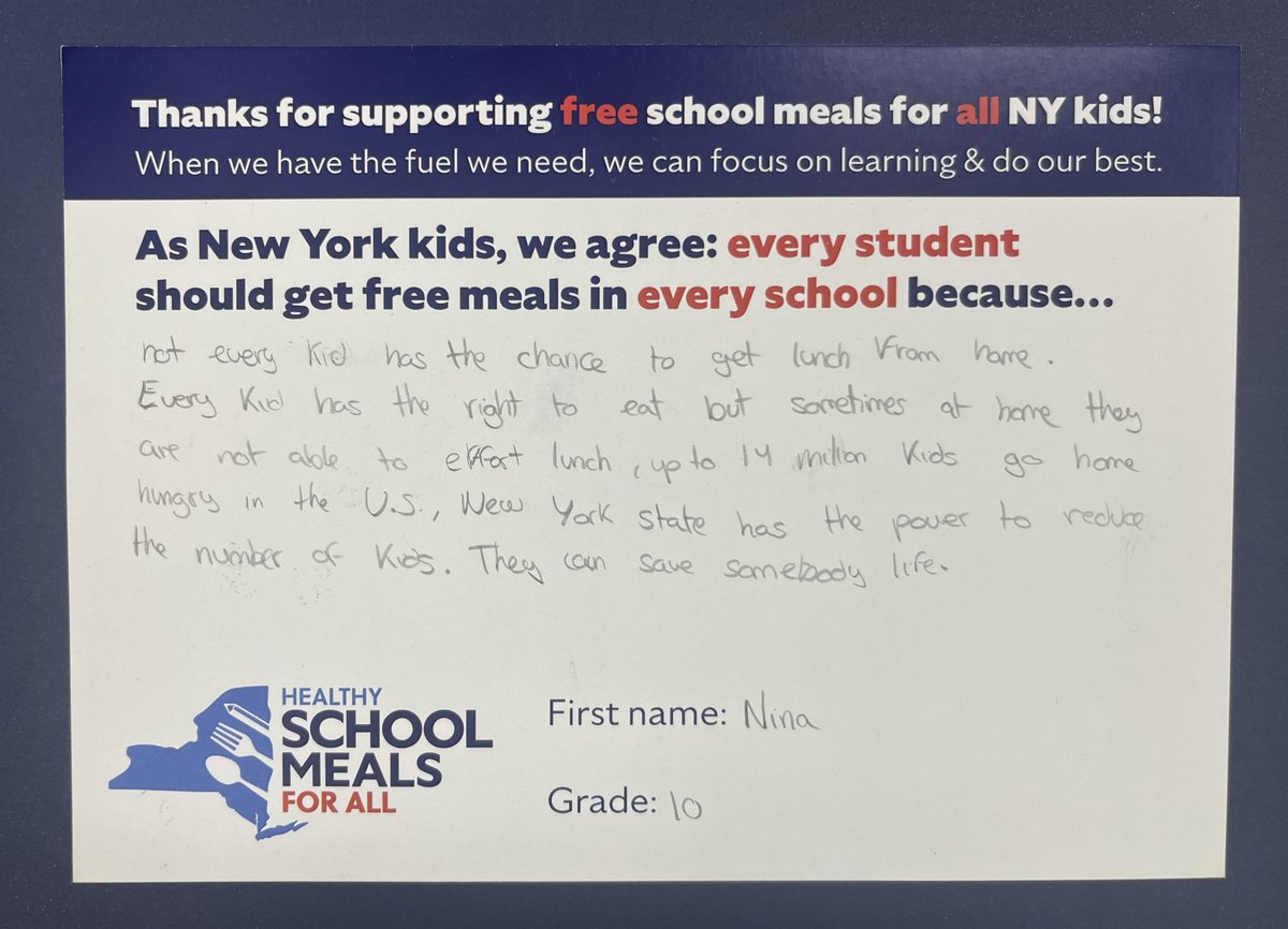 📢Students are speaking out for #Meals4AllNY! Kids around NY wrote postcards to thank leaders, incl <a href="/GovKathyHochul/">Governor Kathy Hochul</a> <a href="/AndreaSCousins/">Sen. Stewart-Cousins</a> @CarlHeastie, for their support. As final budget negotiations continue, please share this powerful show of support for universal free school meals.