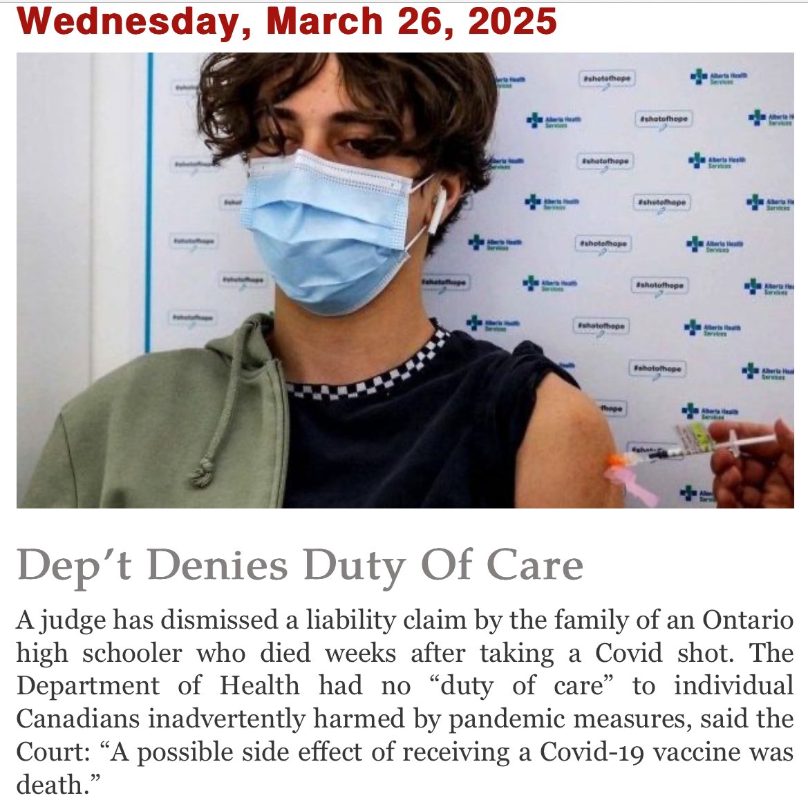 dockaurG's tweet image. This is a grave injustice. An Ontario court has dismissed a family’s claim for a teenager who died weeks after receiving the covid vaccine, stating that @GovCanHealth has “no duty of care” to Canadians harmed by govts’ covid policies and that “a possible side effect of receiving…