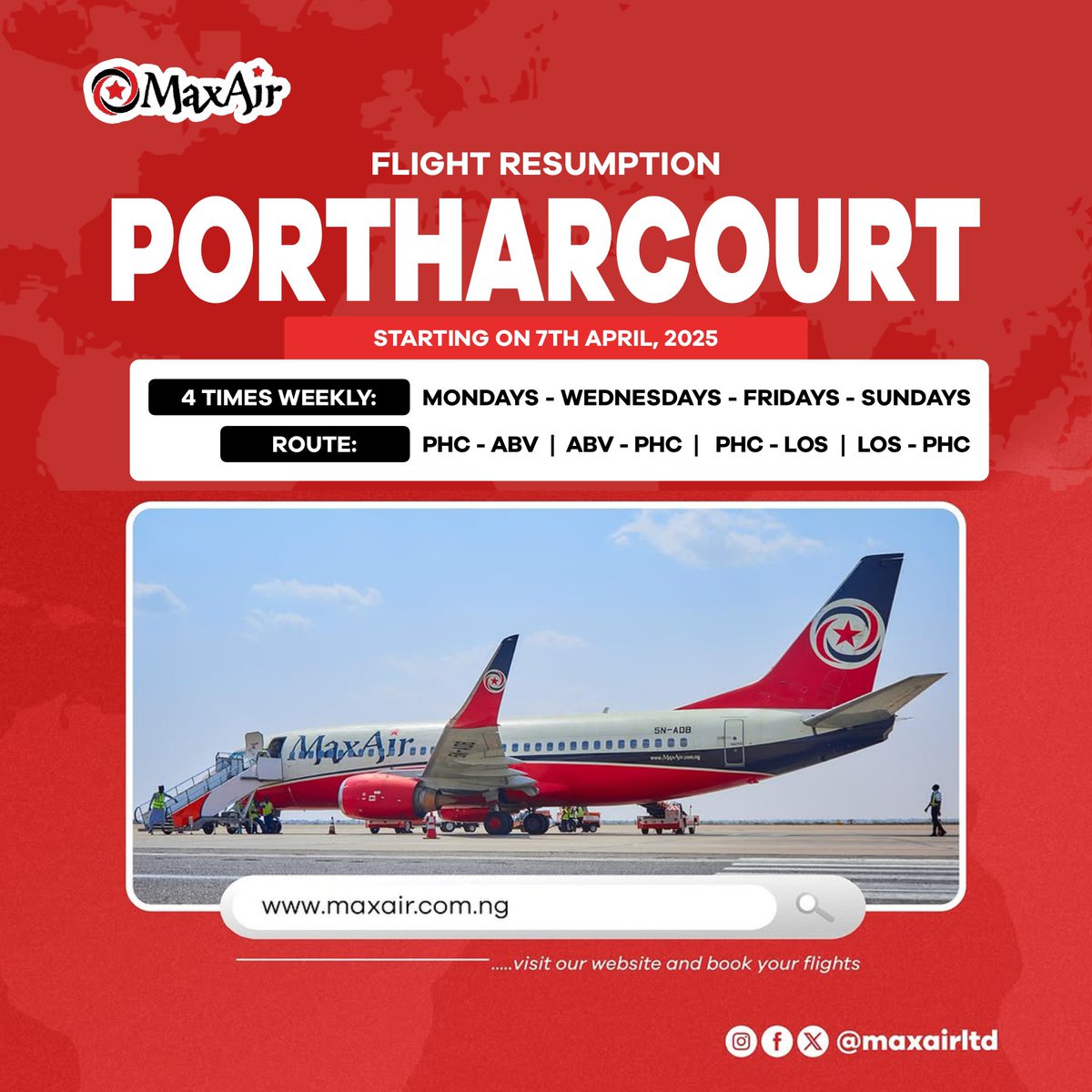 Flight Resumption Update! ✈️

We are thrilled to announce that Max Air will resume operations to Port Harcourt starting April 7th, 2025! Get ready to fly with comfort, reliability, and the best service in the skies.