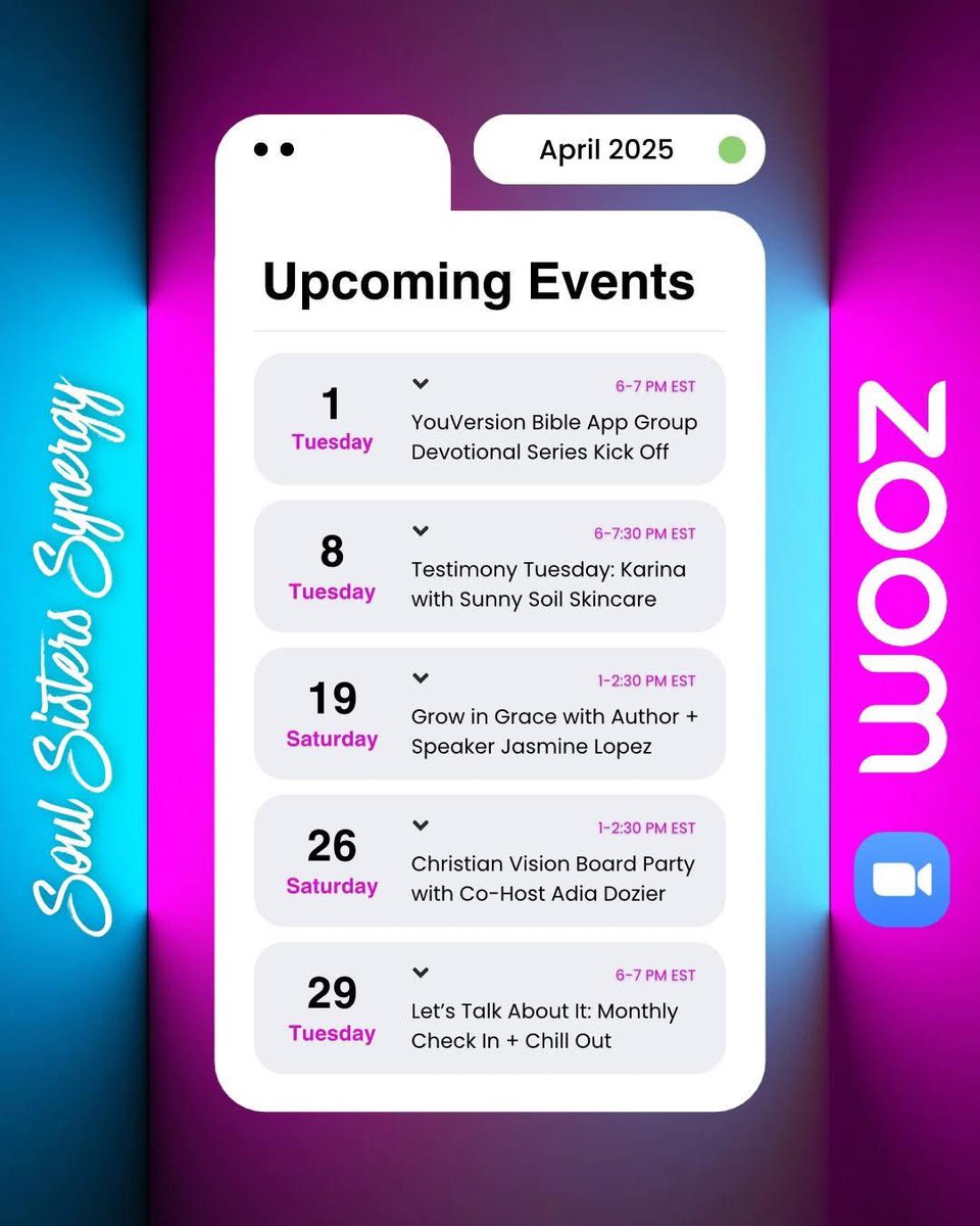 April is PACKED, sis! ✨ And you do NOT want to miss what we’ve got lined up for Soul Sisters Synergy! 🙌 Please be aware of the NEW DAYS AND TIMES for these events and make sure to add it to your calendars and set your alarms!!! ⏰😘
#SoulSistersSynergy #WomenOfFaith #GodsPlan