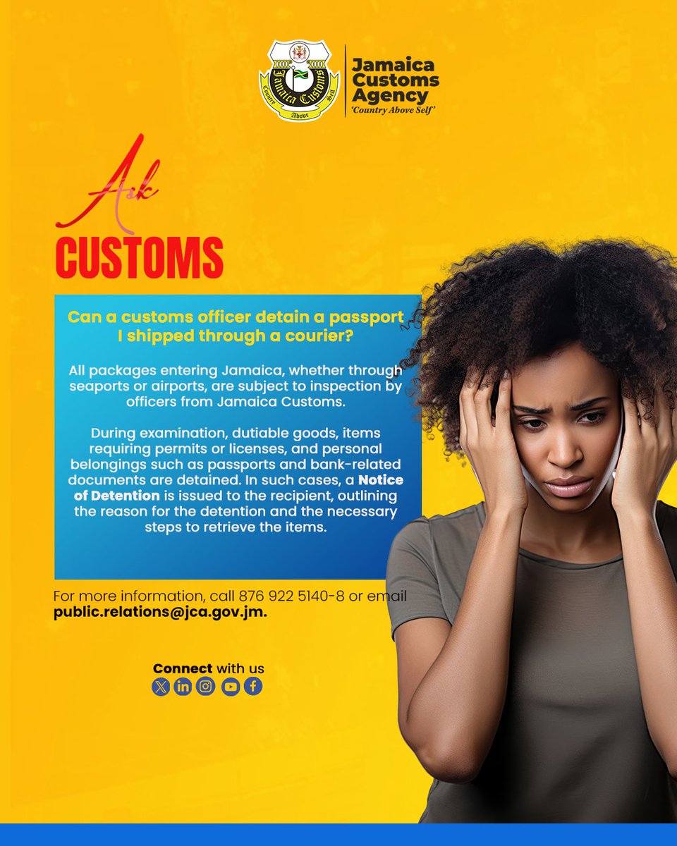 Jamaica Customs Agency (@jamaicacustoms) on Twitter photo All packages entering Jamaica are subject to Customs inspection. If a document like your passport is held, a Notice of Detention will be issued with next steps.
Stay informed! 📩 public.relations@jca.gov.jm for more information. #AskCustoms All packages entering Jamaica are subject to Customs inspection. If a document like your passport is held, a Notice of Detention will be issued with next steps.
Stay informed! 📩 public.relations@jca.gov.jm for more information. #AskCustoms
