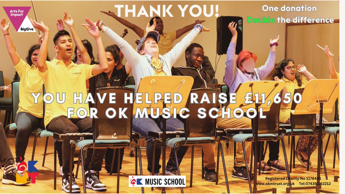 A huge thank you to everyone who helped us exceed our target and raise £11,650 through the Big Give #ArtsForImpact Funds will help excluded children and young people with disabilities achieve by learning to play and perform music at OK Music School. #music  #disability