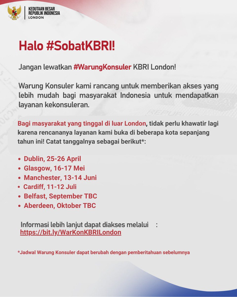 Halo #SobatKBRI! 

#WarungKonsuler KBRI London kembali hadir tahun ini! Catat tanggal-tanggal ini ya.

Pantau terus kanal media sosial dan website KBRI London untuk mendapat informasi terkini. 

#inidiplomasi #rintiskemajuan #negaramelindungi #negarahadir
