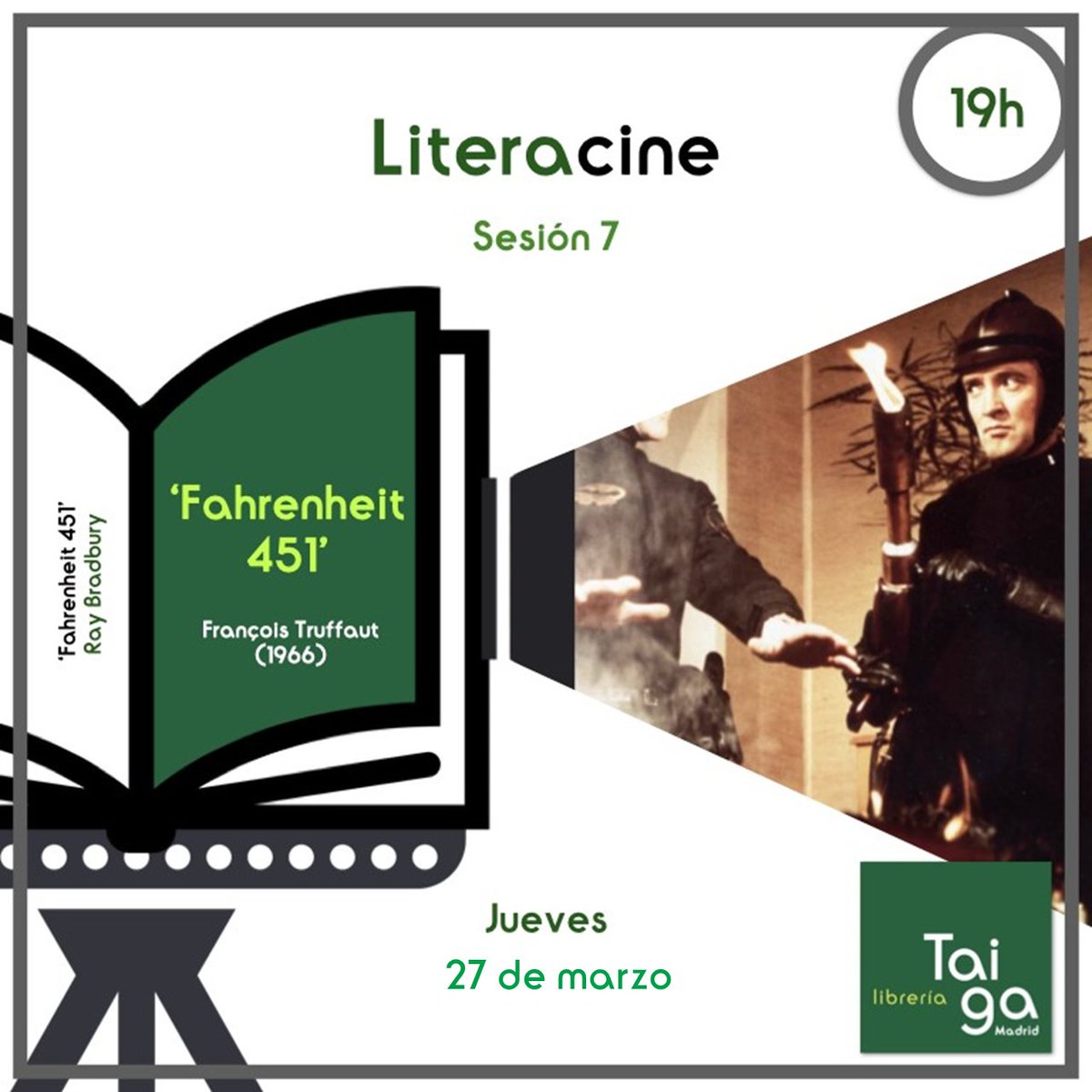 Pues este jueves nos ponemos los cascos de bombero 🚒 para enfrentarnos a los incendios de la censura y la desinformación. En #literacine hablamos de 'Fahrenheit 451', el clásico de Ray Bradbury llevado a la pantalla por François Truffaut en la cima de su cine. ¡Nos vemos allí!