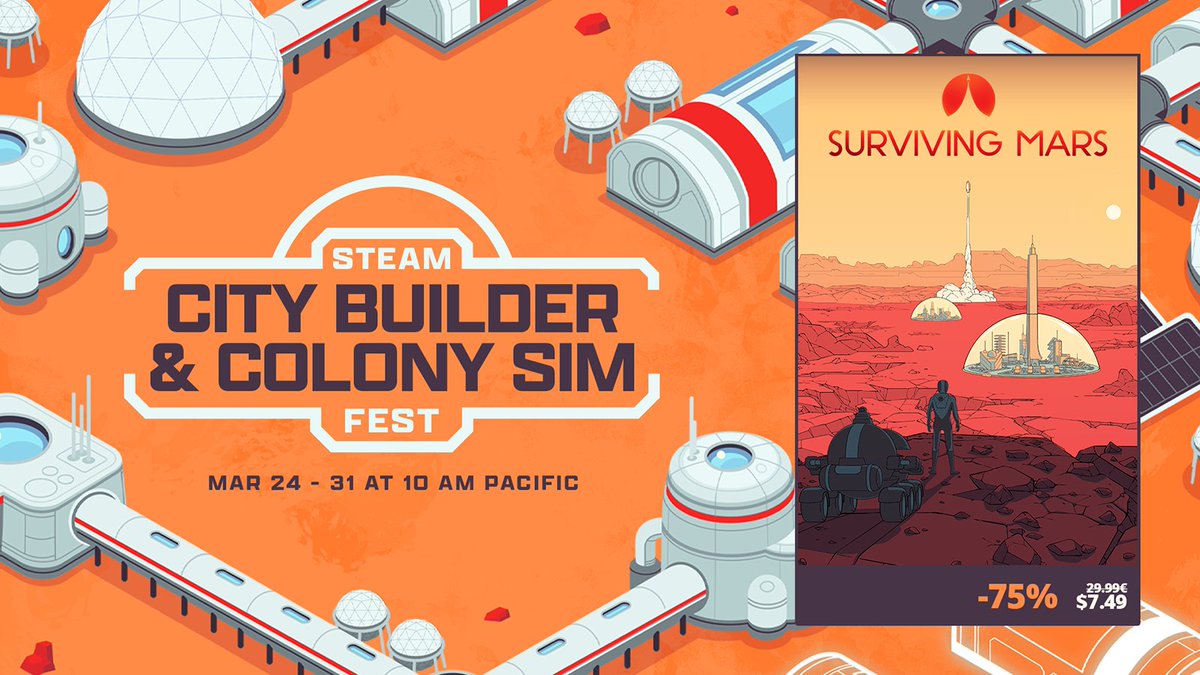 The City Builder &amp; Colony Sim FEST is live on Steam! 
👉 pdxint.at/SteamCityBuild…

Save up to 75% on the base game and DLCs of Surviving Mars during the FEST. 

Make sure you check it out before it ends on March 31st 10am Pacific/19:00 CEST.