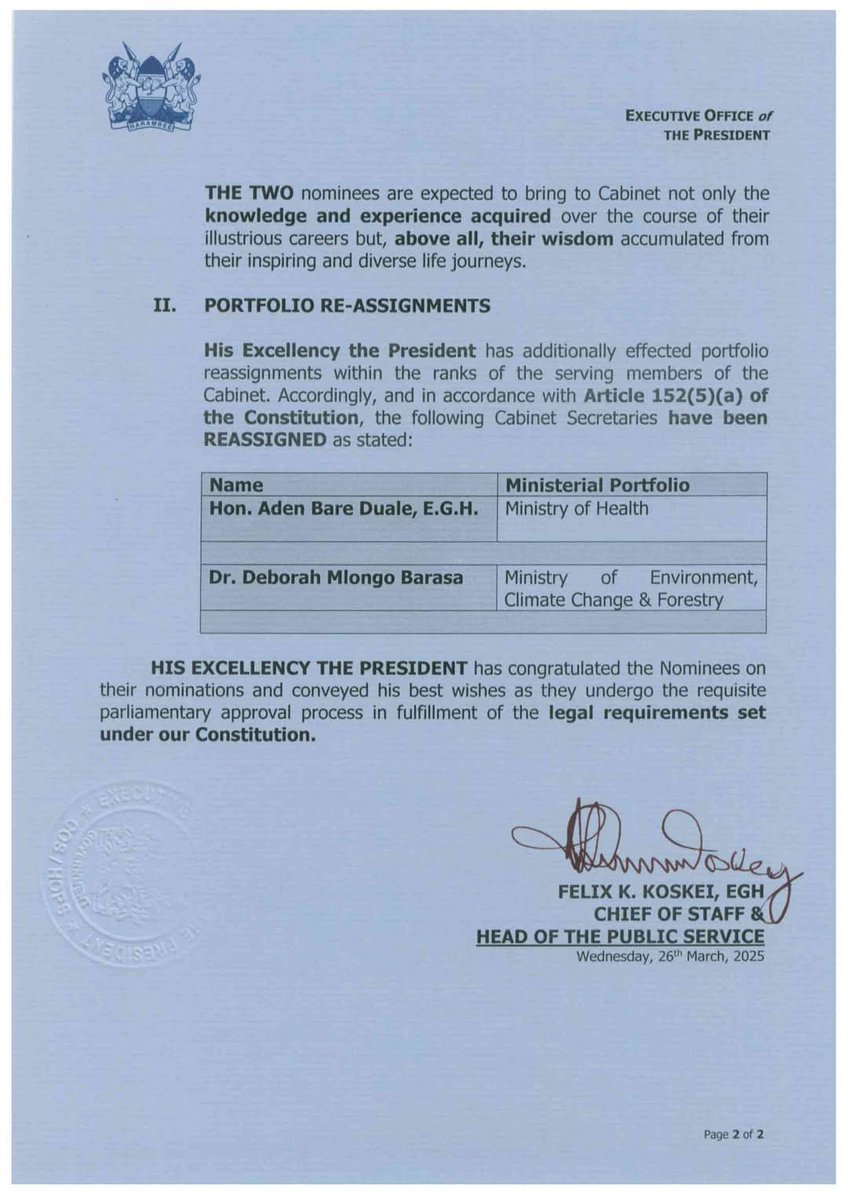 OpatiSamwel's tweet image. President Ruto Sacks CS Justin Muturi:
Geoffrey K.Ruku nominated CS, Public Service
Geoffrey Ruku replaces Justin Muturi 
Hanna Wendot Cheptumo nominated CS, Gender
Aden Duale transferred to health docket
Dr. Deborah Mlongo transferred to environment docket.

#InfluenceForGood