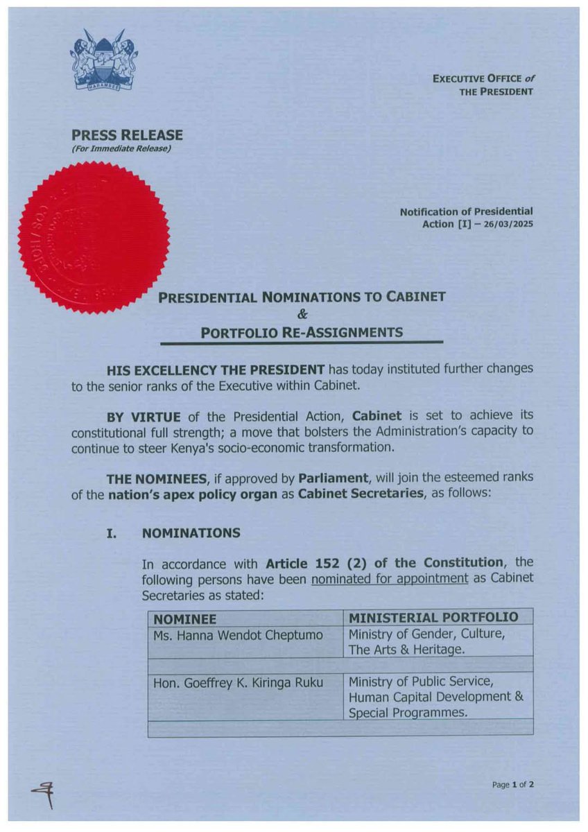 OpatiSamwel's tweet image. President Ruto Sacks CS Justin Muturi:
Geoffrey K.Ruku nominated CS, Public Service
Geoffrey Ruku replaces Justin Muturi 
Hanna Wendot Cheptumo nominated CS, Gender
Aden Duale transferred to health docket
Dr. Deborah Mlongo transferred to environment docket.

#InfluenceForGood