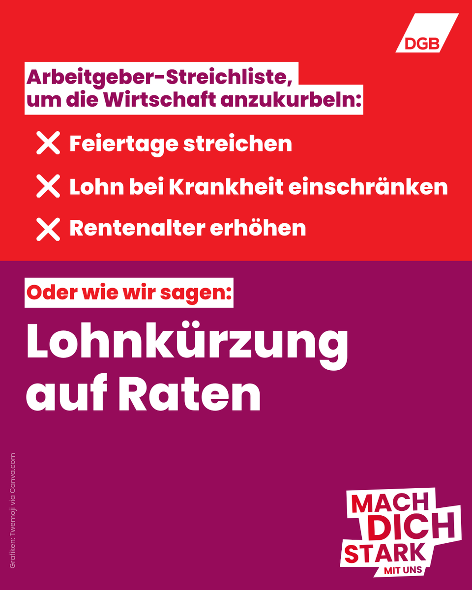 dgb_news's tweet photo. Errungenschaften wie die Lohnfortzahlung bei Krankheit werden von Arbeitgebern und Teilen der Union angegriffen. Nicht mit uns! Beschäftigte brauchen Entlastung und Schutz. Die Rettung der Wirtschaft darf nicht auf dem Rücken derer stattfinden, die sie jeden Tag am Laufen halten. #StarkMitUns https://t.co/SQKtjMQYMw