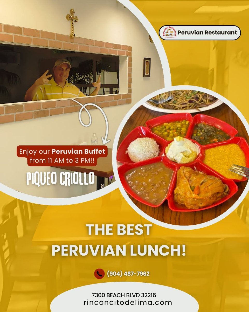 LimaRinconcito's tweet photo. ✨ Join us for lunch and experience the authentic flavors of Peru! 🍛🔥

📍 7300 Beach Blvd 32216
🌐 https://t.co/ESjf1Qmcyq
📞 904-487-7962
Come hungry, leave happy! 😋 #RinconcitoDeLima #JacksonvilleFL #AuthenticTaste #FoodieFavorites https://t.co/0NSOKvrY8j