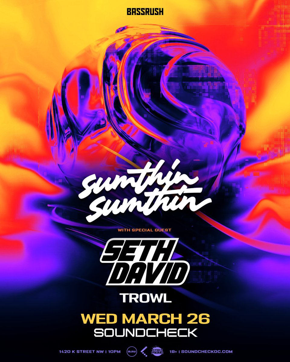 Soundcheck (@soundcheckdc) on Twitter photo TONIGHT! <a href="/sumthinmusic/">sumthin sumthin</a> hits Soundcheck for <a href="/bassrush/">BASSRUSH</a> Wednesday, with special guest <a href="/iamsethdavid/">Seth David</a> & <a href="/trowlmusic/">π»πΉπΆπΎπ³ π¦</a>. π€π
Final tickets β bit.ly/smthsmth TONIGHT! <a href="/sumthinmusic/">sumthin sumthin</a> hits Soundcheck for <a href="/bassrush/">BASSRUSH</a> Wednesday, with special guest <a href="/iamsethdavid/">Seth David</a> & <a href="/trowlmusic/">π»πΉπΆπΎπ³ π¦</a>. π€π
Final tickets β bit.ly/smthsmth