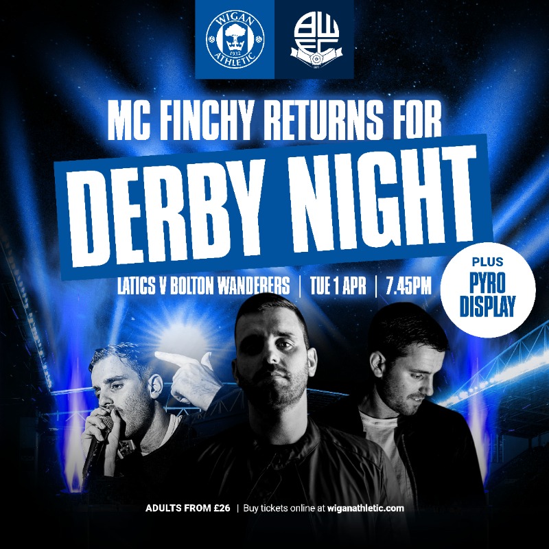 LaticsOfficial's tweet photo. 𝙈𝘾 𝙁𝙞𝙣𝙘𝙝𝙮 𝙗𝙖𝙘𝙠 𝙤𝙣 𝙩𝙝𝙚 🎤…

The Wigan-born DJ will perform pre-match ahead of our local derby against Bolton Wanderers! 🎶 

#wafc 🔵⚪️ | @themcfinchy