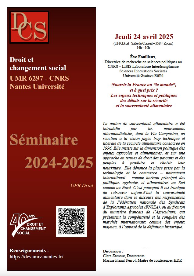 🗓️24/04 à 14h Conférence <a href="/DcsLabo/">LaboDcs</a>
🗣️+💻 Eve Fouilleux <a href="/umr_lisis/">LISIS</a> 
#Nourrir la France ou le monde à quel prix?
Enjeux techniques &amp; politiques 
Débats #SécuritéAlimentaire &amp; #SouverainetéAlimentaire
Clara Zamour &amp; Marine Friant-Perrot 
urlr.me/76Rqf4
#Aliment #Agriculture