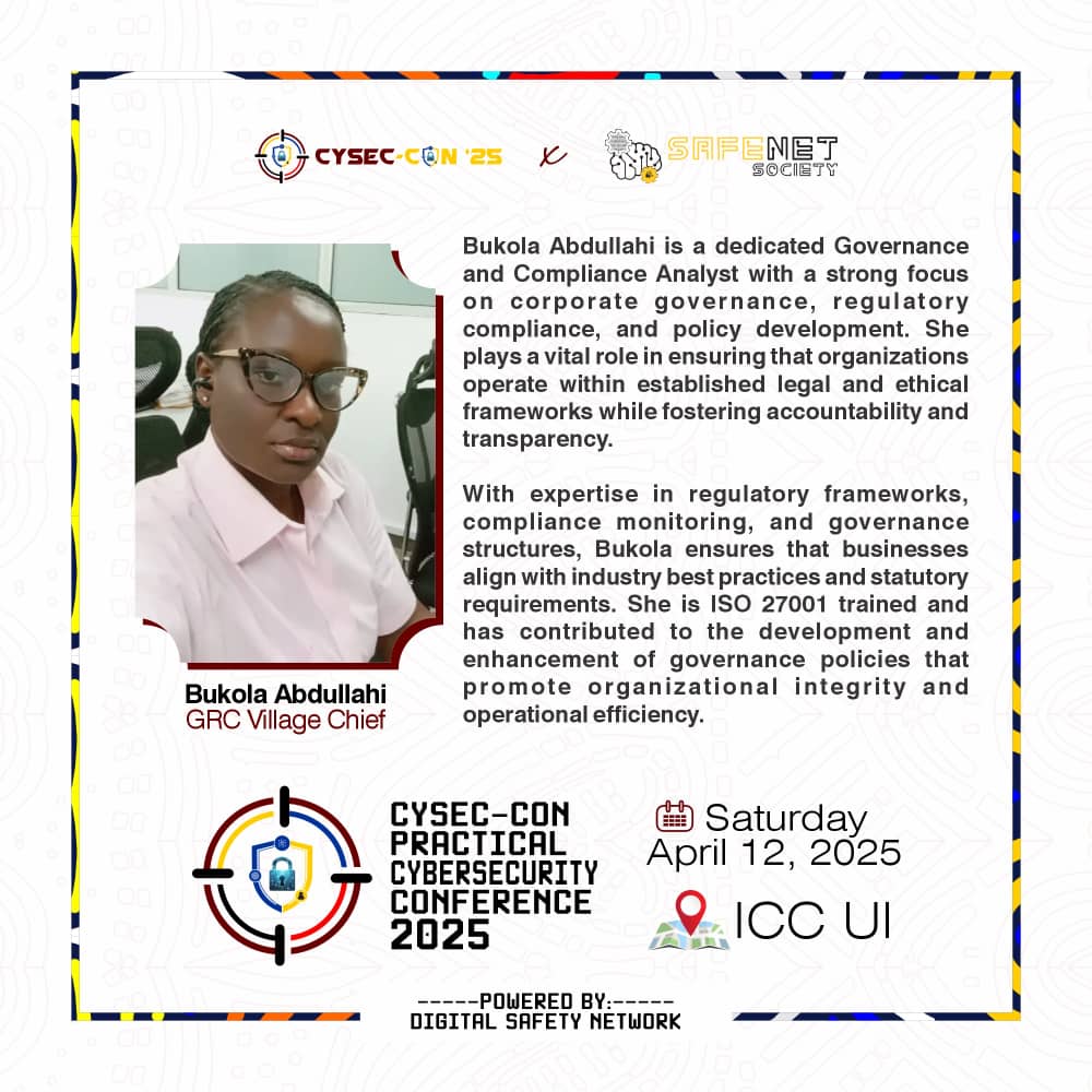 CYSEC-CON (@cysec_con) on Twitter photo Bukola Abdullahi (<a href="/BukolaCyber/">Ghost Mode</a>) is an experienced Governance and Compliance Analyst with solid expertise in corporate governance, regulatory compliance, and policy development.
She will be leading the GRC Village at CYSEC-CON, and we’re thrilled to have her on board! Bukola Abdullahi (<a href="/BukolaCyber/">Ghost Mode</a>) is an experienced Governance and Compliance Analyst with solid expertise in corporate governance, regulatory compliance, and policy development.
She will be leading the GRC Village at CYSEC-CON, and we’re thrilled to have her on board!