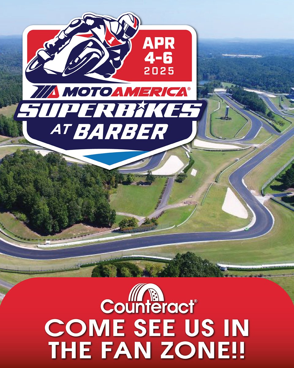 CounteractNews's tweet photo. 🏁 Get ready for high-speed action at MotoAmerica at Barber Motorsports Park in Birmingham, Alabama! 🏍️💨 From April 4-6, 2025, watch the nation’s best riders battle it out on one of the most thrilling tracks in the country! 🔥 Stop by the Fanzone and check out Counteract! 🔥 https://t.co/NkY2k5eaBM