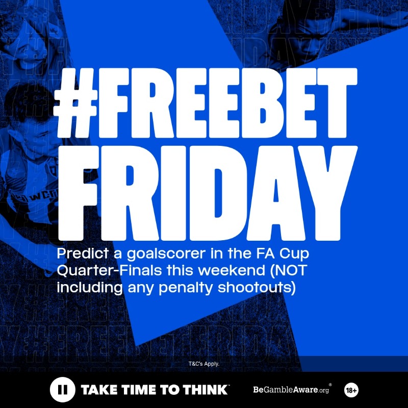 Coral's tweet photo. £100 to be won! 🤑

🔵 Predict a goalscorer in the FA Cup Quarter-Finals (NOT including any penalty shootouts)
🔵 Retweet this post
🔵 Follow @Coral
 
One randomly selected correct answer will win £100 in free bets. Good luck 🤞

ℹ️ 18+. Closes 12:15pm 29/03. T&amp;C's Apply.