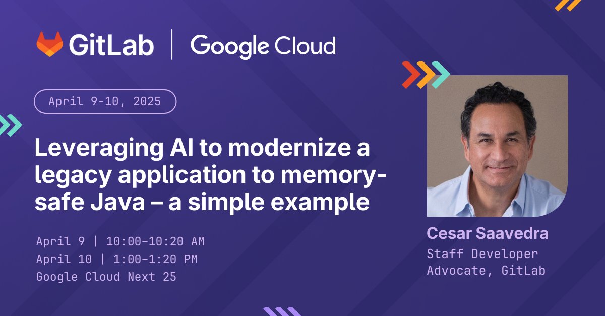 Cesar Saavedra (@cesar_saavedr) on Twitter photo I’m attending #GoogleCloudNext in Vegas April 9-11. Stop by <a href="/gitlab/">🦊 GitLab</a> Booth 2170 for my lightning talk Leveraging AI to modernize a legacy application to memory-safe Java - a simple example on April 9 at 10:00 AM PDT and April 10 at 1:00 PM PDT. about.gitlab.com/events/google-… #DevSecOps I’m attending #GoogleCloudNext in Vegas April 9-11. Stop by <a href="/gitlab/">🦊 GitLab</a> Booth 2170 for my lightning talk Leveraging AI to modernize a legacy application to memory-safe Java - a simple example on April 9 at 10:00 AM PDT and April 10 at 1:00 PM PDT. about.gitlab.com/events/google-… #DevSecOps