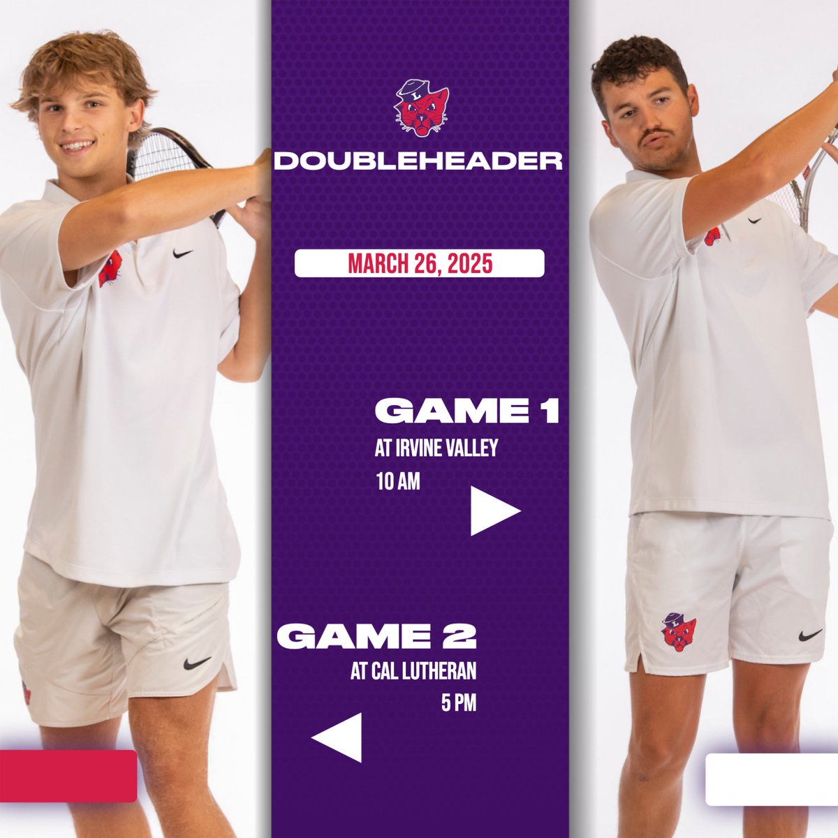 Doubleheader match day in California! 😼🎾🟣

🆚 Irvine Valley, Cal Lutheran
⏰ 10 a.m., 5 p.m.
📍Irvine, CA - Thousand Oaks, CA

#RollCats | #d3ten