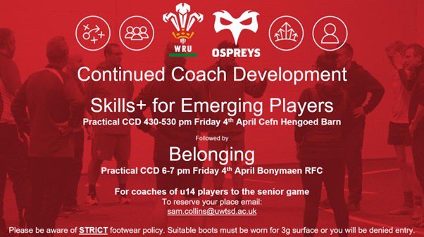 Sam Collins (@samcollinsrugby) on Twitter photo Exciting opportunity for <a href="/WRU_Community/">WRU Community - Wrth galon y genedl</a> 🏉 coaches from u14+ to upskill. Back to back CCDs Friday 4th April.
✅ Practical Skills with EPP group <a href="/CefnHengoed/">Cefn Hengoed Community School</a>
✅ Belonging CCD <a href="/Bonymaenrugby/">Bonymaen RFC</a>
Please email sam.collins@uwtsd.ac.uk to signup
#coaching #development Exciting opportunity for <a href="/WRU_Community/">WRU Community - Wrth galon y genedl</a> 🏉 coaches from u14+ to upskill. Back to back CCDs Friday 4th April.
✅ Practical Skills with EPP group <a href="/CefnHengoed/">Cefn Hengoed Community School</a>
✅ Belonging CCD <a href="/Bonymaenrugby/">Bonymaen RFC</a>
Please email sam.collins@uwtsd.ac.uk to signup
#coaching #development