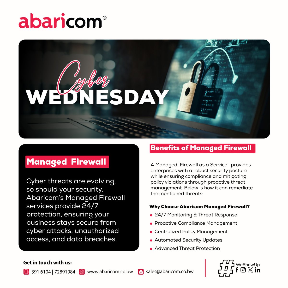 Protect your business from hackers, malware, and unauthorized access with 24/7 monitoring, advanced threat protection, and tailored security policies. All managed by our expert team.

Don’t wait for a breach to take action! Secure your network today.

#cybersecurity
#WeShowUp