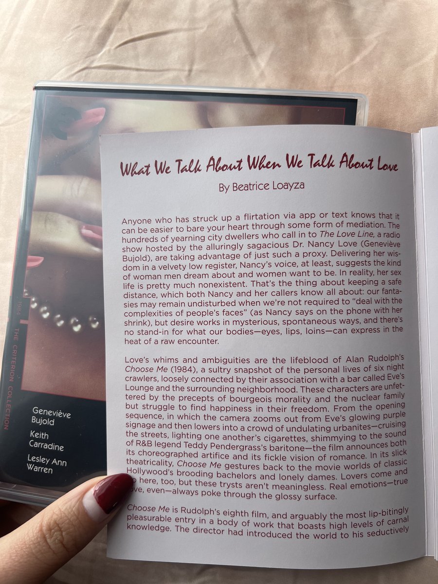 Beatrice Loayza (@bealoayza) on Twitter photo Huge delight to have written the liners for the <a href="/Criterion/">Criterion Collection</a> release of Alan Rudolph's CHOOSE ME. I'm particularly proud of this one, perhaps because the film hits too close to home. Heterosexuality is masochism and we like it!
criterion.com/current/posts/… Huge delight to have written the liners for the <a href="/Criterion/">Criterion Collection</a> release of Alan Rudolph's CHOOSE ME. I'm particularly proud of this one, perhaps because the film hits too close to home. Heterosexuality is masochism and we like it!
criterion.com/current/posts/…