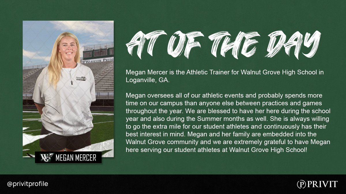 PRIVIT (@privitprofile) on Twitter photo Today's #NATM2025 Athletic Trainer of the Day is <a href="/WGHS_ATHLETICS_/">WGHS ATHLETICS</a>'s Megan Mercer!
Megan oversees all <a href="/WGHS_warriors/">Walnut Grove High School</a> athletic events and probably spends more time on campus than anyone else.
Thank you, Megan, for everything you do for student-athletes! Today's #NATM2025 Athletic Trainer of the Day is <a href="/WGHS_ATHLETICS_/">WGHS ATHLETICS</a>'s Megan Mercer!
Megan oversees all <a href="/WGHS_warriors/">Walnut Grove High School</a> athletic events and probably spends more time on campus than anyone else.
Thank you, Megan, for everything you do for student-athletes!