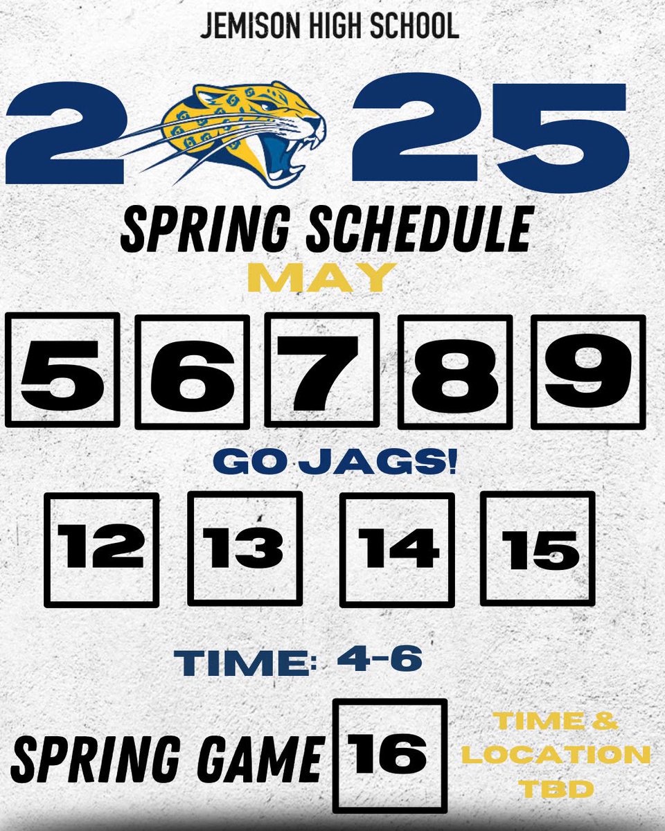Mae Jemison High Football (@jemisonjags) on Twitter photo SPRING TIME IS HERE ! MULTIPLE P5 & G5 Coaches Will Be In Attendance! Letโs Get It !
<a href="/DexPreps/">DexPreps</a> <a href="/GrindLab/">GrindLab Academy</a> <a href="/DownSouthFb1/">Down South</a> <a href="/AL6AFootball/">Alabama6AFootball</a> <a href="/ScoutFball/">Larry Rudolph</a> <a href="/AverageJoesSpo1/">Average Joeโs Sports Talk, LLC</a> <a href="/HallTechSports1/">Hall-Tech Sports</a> <a href="/DrewD977ESPN/">Drew DeArmond</a> <a href="/UnLockYourGame/">UnLockYourGame</a> <a href="/2LiveQ_/">Q.</a> <a href="/CoachJswain/">Jaylon Swain</a>
#WhyNotMJ #JagsOnReady SPRING TIME IS HERE ! MULTIPLE P5 & G5 Coaches Will Be In Attendance! Letโs Get It !
<a href="/DexPreps/">DexPreps</a> <a href="/GrindLab/">GrindLab Academy</a> <a href="/DownSouthFb1/">Down South</a> <a href="/AL6AFootball/">Alabama6AFootball</a> <a href="/ScoutFball/">Larry Rudolph</a> <a href="/AverageJoesSpo1/">Average Joeโs Sports Talk, LLC</a> <a href="/HallTechSports1/">Hall-Tech Sports</a> <a href="/DrewD977ESPN/">Drew DeArmond</a> <a href="/UnLockYourGame/">UnLockYourGame</a> <a href="/2LiveQ_/">Q.</a> <a href="/CoachJswain/">Jaylon Swain</a>
#WhyNotMJ #JagsOnReady