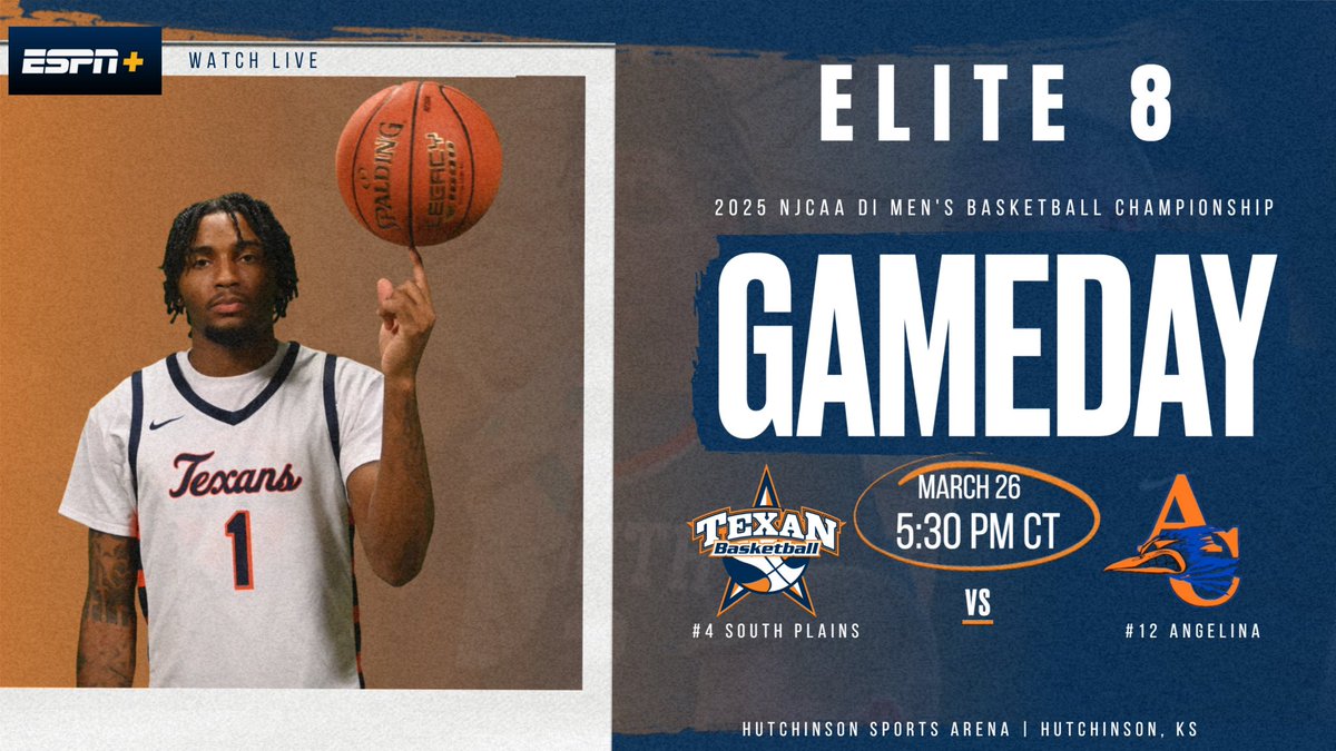IT’S GAME DAY AT HUTCH! 

Elite 8! 

🗓️March 26
⏰ 5:30 P.M.
🆚 #12 Angelina College 
📍 Hutchinson, KS
📺 ESPN+
