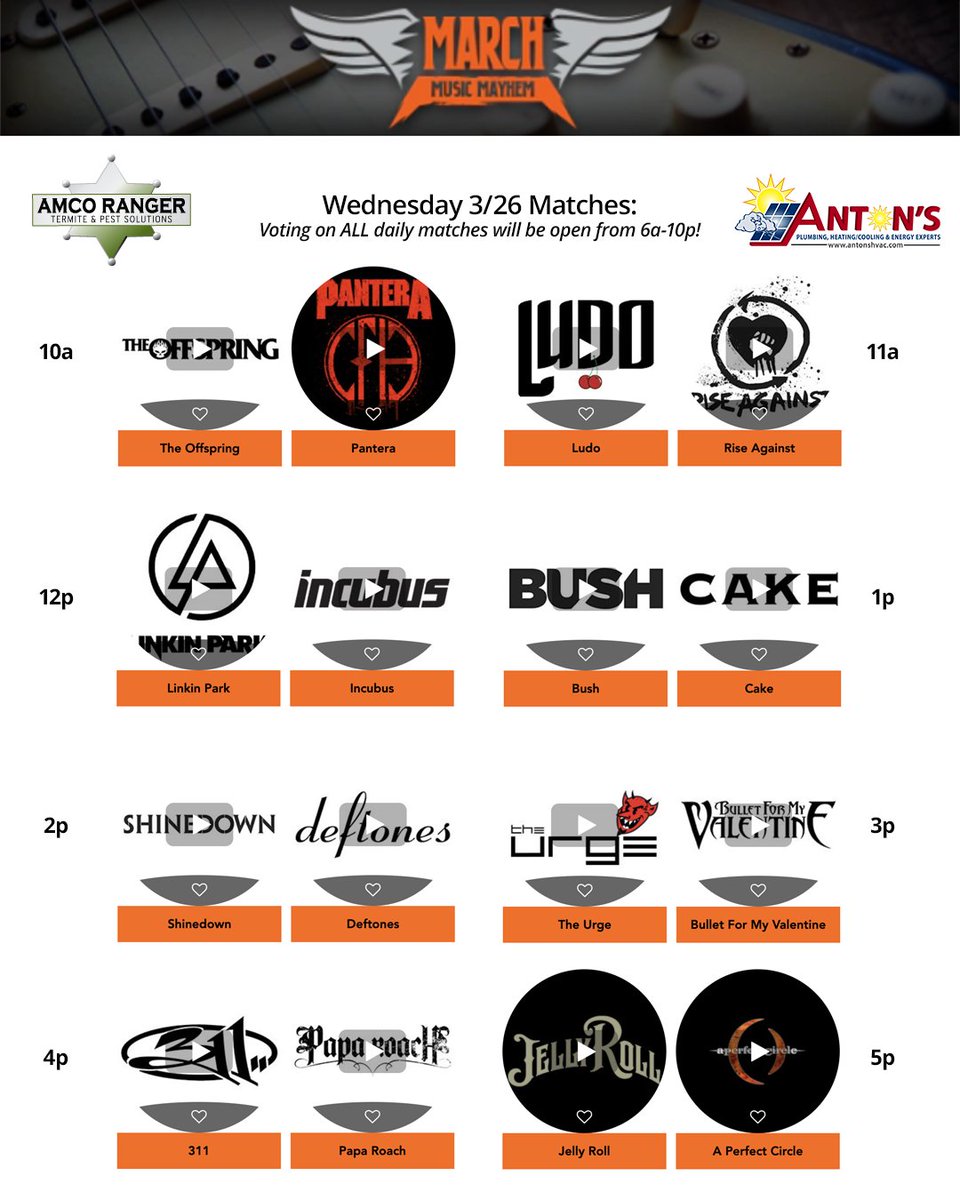 #MarchMusicMayhem continues today with Round 2 matchups! LISTEN at the top of every hour to hear the matchups with Donny Fandango and <a href="/LivMaddix/">Liiiiiiiiv</a> and get your VOTES in now on the Point App or at live.1057thepoint.com/listen/rewards… thanks to <a href="/AmcoRanger/">Amco Ranger Termite & Pest Solutions</a> and <a href="/AntonsHVAC/">Anton's Air Conditioning and Heating</a>