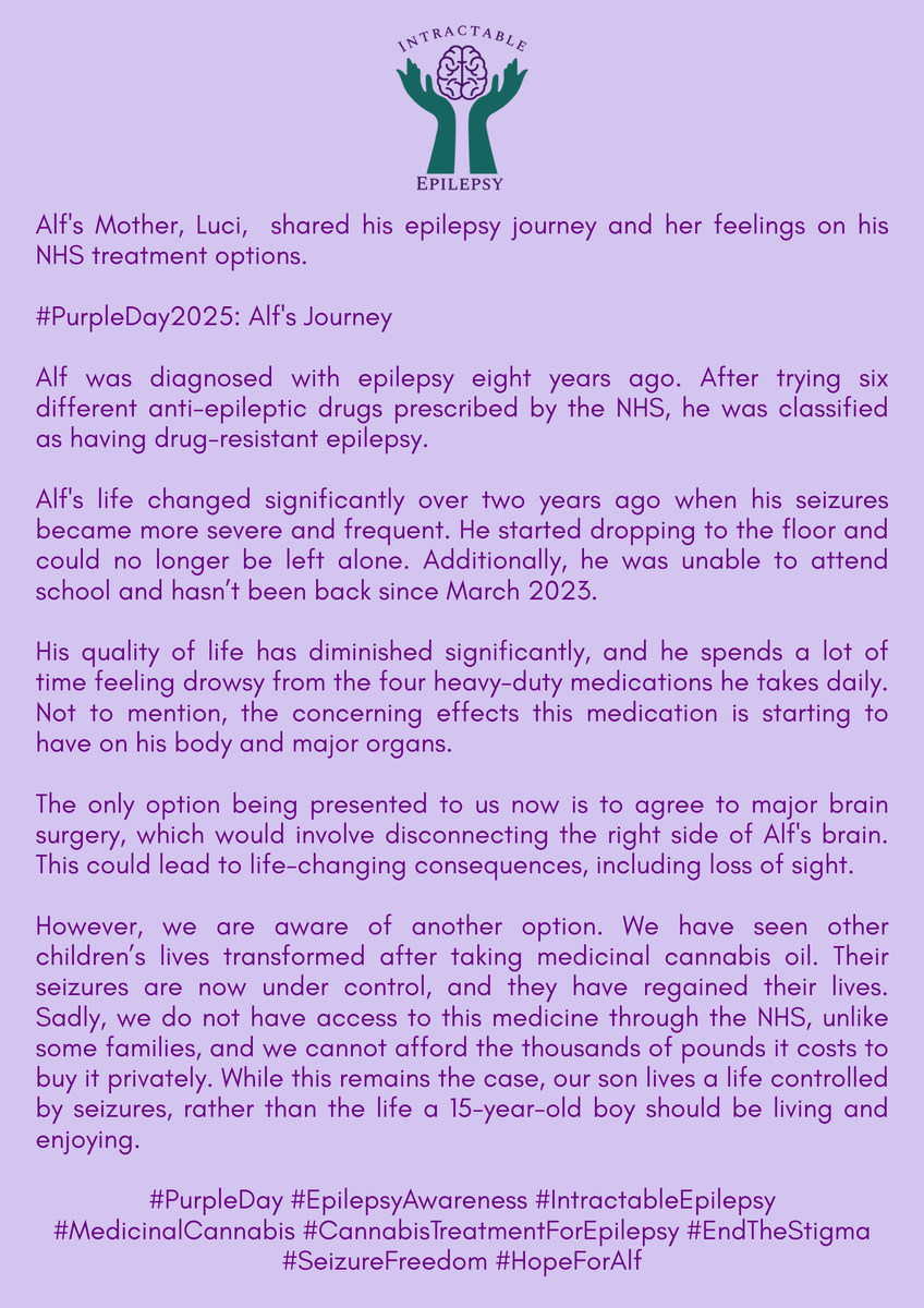 Alf, diagnosed with epilepsy 8 years ago, faces severe seizures and hasn't been to school since March 2023. We're fighting for access to medicinal cannabis, which could transform his life. Read the full story below.

#PurpleDay2025 #EpilepsyAwareness 

intractable.org.uk/donate-1