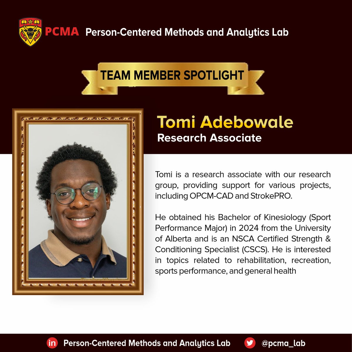 Person-centered Methods and Analytics Lab (@pcma_lab) on Twitter photo TEAM MEMBER SPOTLIGHT
This week's spotlight is on Tomi Adebowale, a research associate who provides support on multiple projects, including the OPCM-CAD and strokePRO.
<a href="/dr_sajobi/">Tolu Sajobi</a> <a href="/LibinInstitute/">Libin Cardiovascular Institute</a> <a href="/OBrien_IPH/">O'Brien Institute for Public Health</a>
<a href="/approach_org/">APPROACH</a>
#team #spotlight #member TEAM MEMBER SPOTLIGHT
This week's spotlight is on Tomi Adebowale, a research associate who provides support on multiple projects, including the OPCM-CAD and strokePRO.
<a href="/dr_sajobi/">Tolu Sajobi</a> <a href="/LibinInstitute/">Libin Cardiovascular Institute</a> <a href="/OBrien_IPH/">O'Brien Institute for Public Health</a>
<a href="/approach_org/">APPROACH</a>
#team #spotlight #member