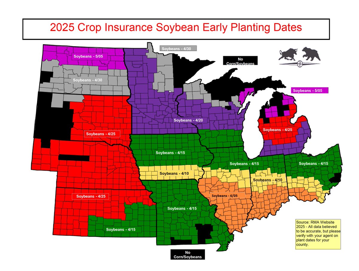 Corn and Soybean Early Planting Date Maps

#plant25 is quickly approaching!

Planting before these early plant dates voids the replant benefits for crop insurance unless producers have a private product replant policy in place. The crop will still have all other insurance