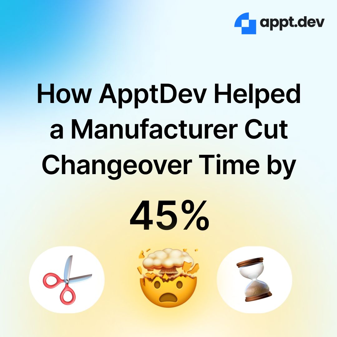 ApptDev's tweet image. ApptDev helped a manufacturer reduce changeover time by 45% with AI-driven scheduling, automated setup recommendations, and real-time tracking. 

Faster changeovers = higher output &amp;amp; increased revenue. 

Book a demo today! 

#FasterManufacturing #SmartProduction