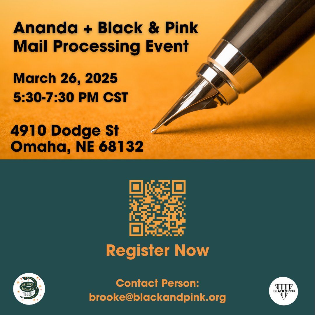 Join us tonight in Omaha for a powerful Mail Processing Event with Ananda! From 5:30–7:30 PM CST, we’ll sort and send letters to our incarcerated community members. Location: 4910 Dodge St. Email brooke@blackandpink.org with questions. #BlackAndPink