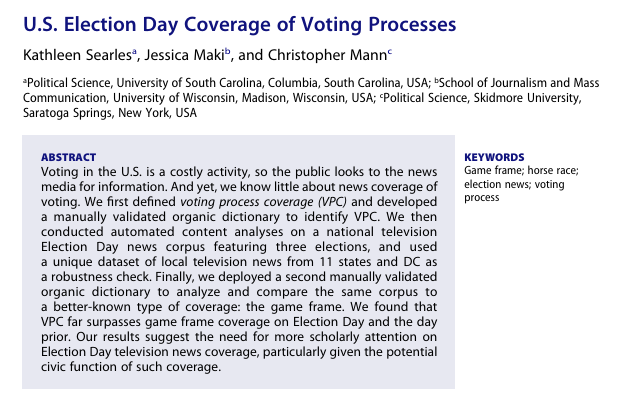 Curious about how the media actually covers the process of voting on election day compared to campaigning? Check out this new article published in Political Communication by ERC graduate student affiliate Jess Maki and coauthors! 

🔗👉tinyurl.com/yrj56tt8