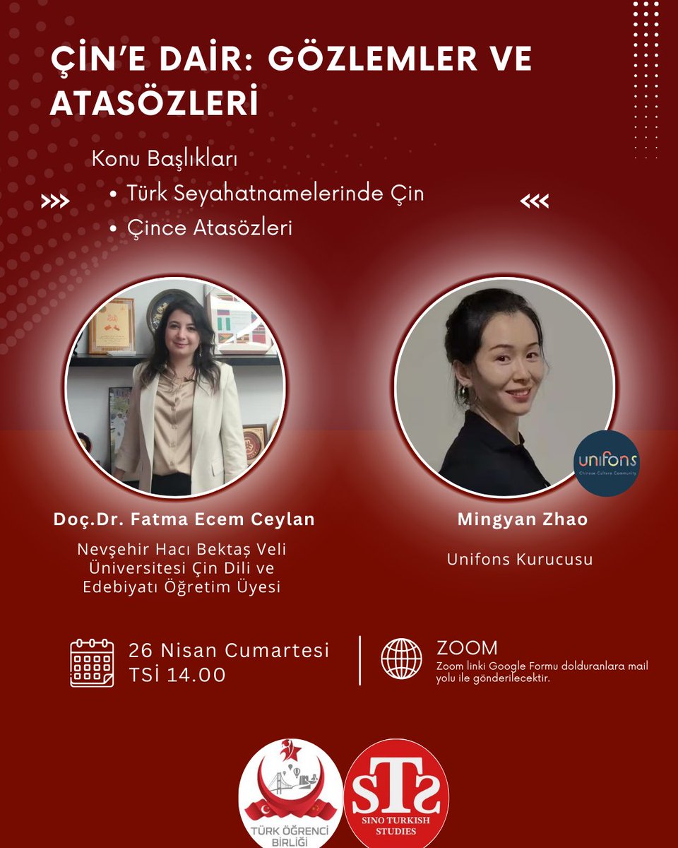 Çin'e Dair : Gözlemler ve Atasözleri

📌 Konu Başlıkları:
🔹  Türk Seyahatnamelerinde Çin
🎙Doç. Dr. Fatma Ecem Ceylan
Nevşehir Hacı Bektaş Veli Üniversitesi Çin Dili ve Edebiyatı Öğretim Üyesi
🔹 Çince Atasözleri
🎙 Mingyan Zhao
UNIFONSCHINESE Kurucusu

🕒 Etkinlik Saati: 26