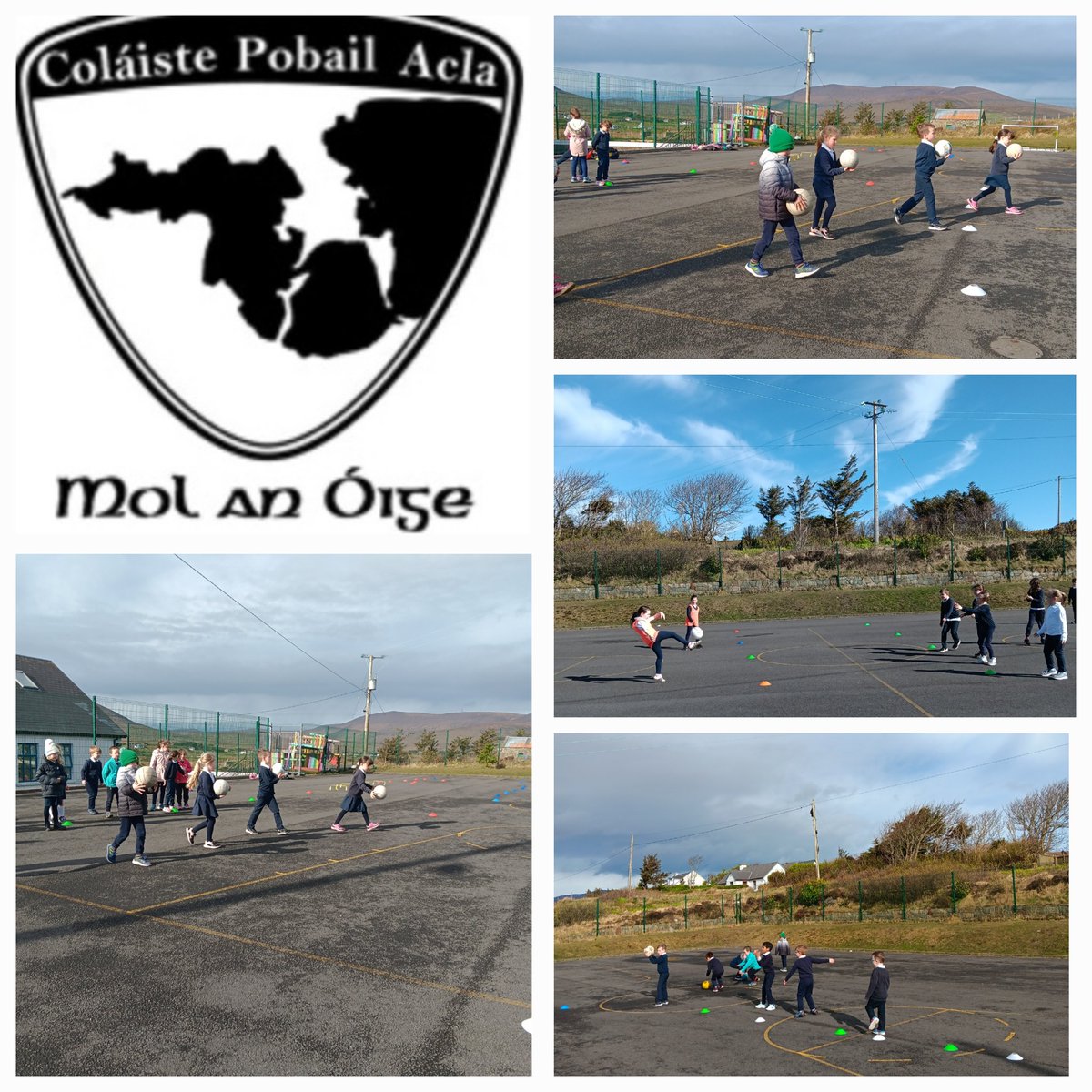 Pictured are a group of national school students from Saula <a href="/clgacla/">CLG Acla Oifigiúil</a> working on Skill Development and Fun games with <a href="/MayoGAA/">Mayo GAA</a> GPO <a href="/Sweets_Eoin/">Eoin Sweeney</a>