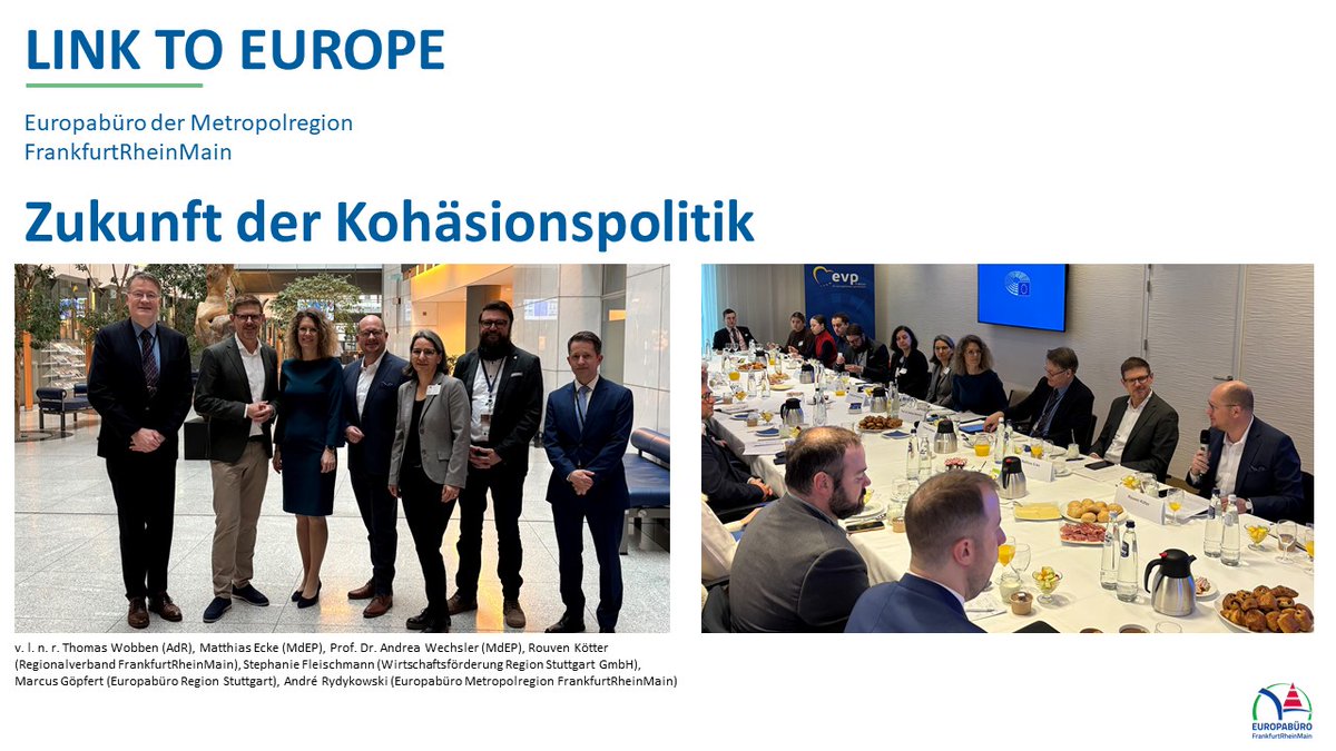 💬Quo vadis Kohäsionspolitik? 
Das Europabüro der Region Stuttgart und das Europabüro der Metropolregion FrankfurtRheinMain luden heute unter der Schirmherrschaft von Frau MdEP Prof. Dr. Andrea Wechsler ins Europäische Parlament ein. 
👉Mehr dazu europabuero-frm.de/Unser-Service/…