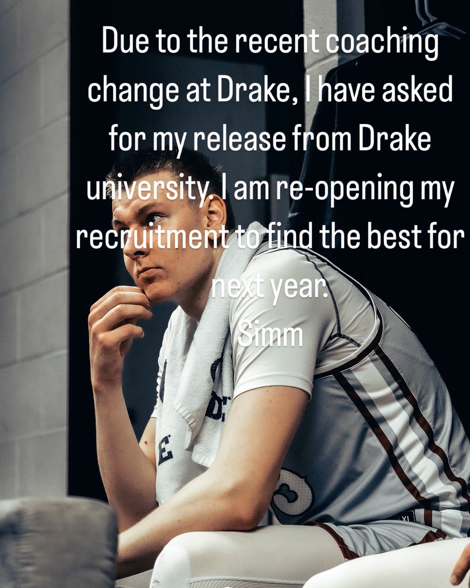 “Due to the recent coaching change at Drake, I have asked for my release from Drake University. I am re-opening my recruitment to find the best fit for next year”
All the best!
Simm