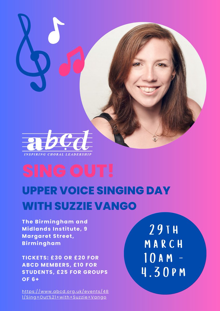 Association of British Choral Directors (@abcdtweets) on Twitter photo Sing Out! with @suzzievan this Saturday in central Birmingham at <a href="/bmi1854/">The Birmingham & Midland Institute</a> and enjoy a day exploring some beautiful upper voice repertoire by <a href="/bobchilcott/">Bob Chilcott</a>, Will Todd, Mack Wilberg, Sarah Quartel and Suzzie herself!
All music provided on the day. Group booking rates available - Sing Out! with @suzzievan this Saturday in central Birmingham at <a href="/bmi1854/">The Birmingham & Midland Institute</a> and enjoy a day exploring some beautiful upper voice repertoire by <a href="/bobchilcott/">Bob Chilcott</a>, Will Todd, Mack Wilberg, Sarah Quartel and Suzzie herself!
All music provided on the day. Group booking rates available -