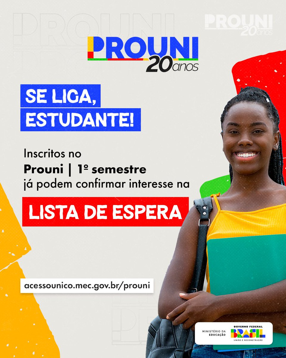 inep_oficial's tweet image. ALÔ, ESTUDANTE! 📢 Ainda dá tempo de conquistar sua bolsa do #Prouni! Se não foi pré-selecionado ou foi reprovado por não formação de turma, corra! 🏃🏽‍♂️ Começou o prazo para participar da lista de espera, mas é só até amanhã, 27/3! 

🔗 acessounico.mec.gov.br/prouni 

#EnsinoSuperior