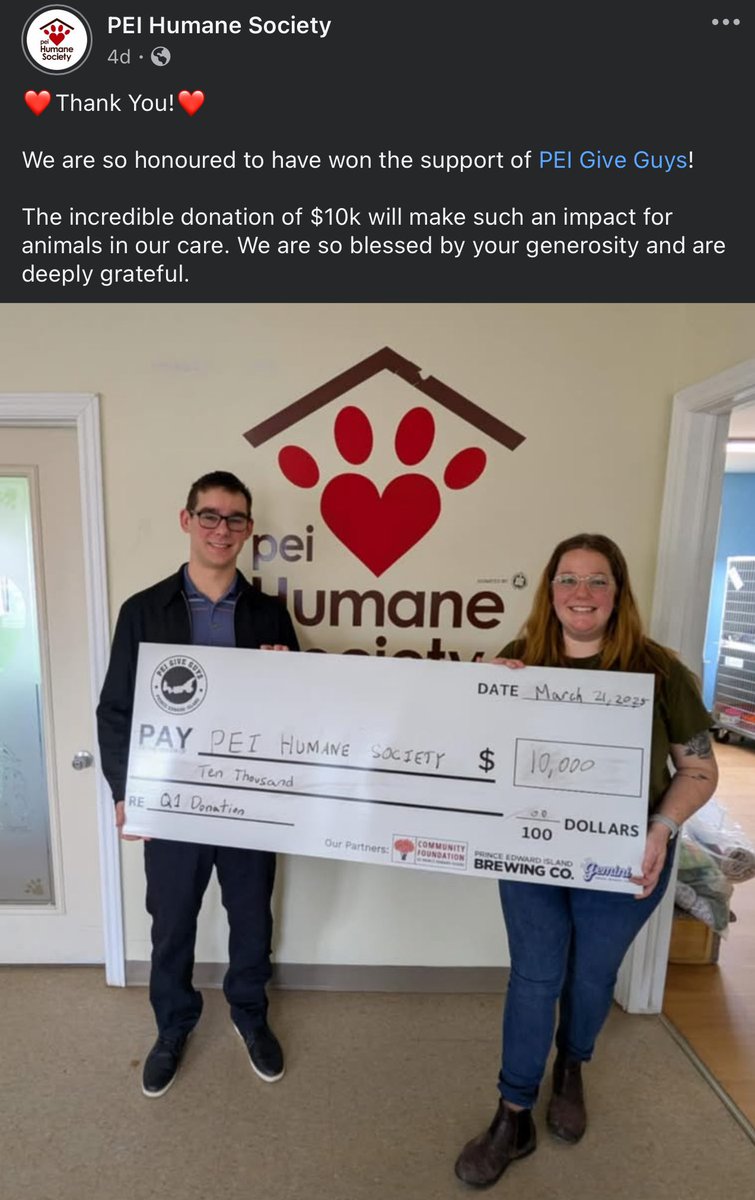 We were happy to kick off our 2025 giving season with this $10,000 donation to the PEI Humane Society!