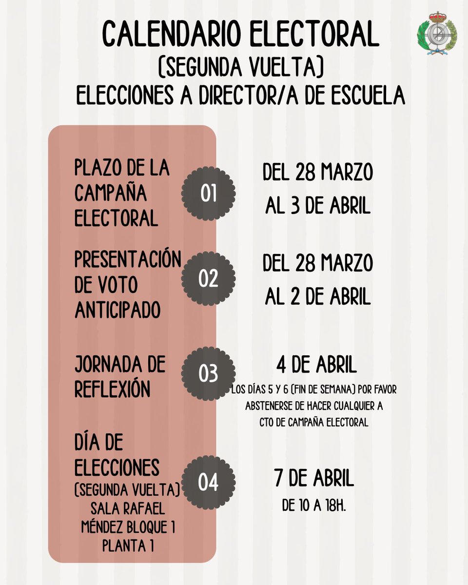 informaticaupm's tweet image. Calendario electoral de la segunda vuelta a las elecciones a Director/a de Escuela.
Importante: el lugar de votación será en la Sala Rafael Méndez, Bloque 1, Planta 1ª.
Toda la info aquí: fi.upm.es/?pagina=3019