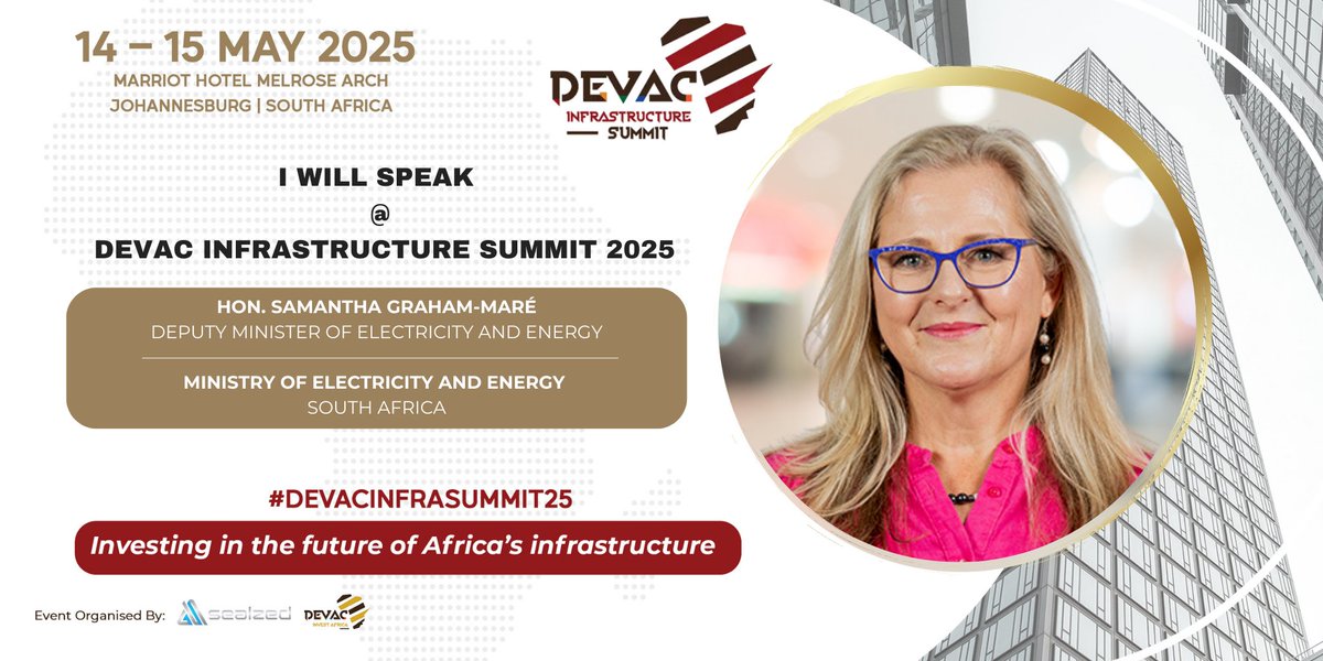 DevacInvest's tweet photo. With only 48 days to go, we are honored to host Hon. Ms. Samantha Graham-Maré, South Africa's Deputy Minister of Electricity &amp; Energy, as she will deliver a keynote address and share key insights at the DEVAC INFRASTRUCTURE SUMMIT taking place on 14 - 15 May 2025 @ the Marriott https://t.co/srFladxUwe
