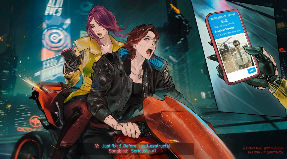 evaelroy's tweet photo. Can Songbird pass the CAPTCHA test?

well, I'm obsessed with these two games. thanks to the amazing artist @biululu999 made my idea come true!! 
#cyberpunk2077 #PhantomLiberty #songbird #Songsomi #V #SplitFiction https://t.co/czGIzR9GKB